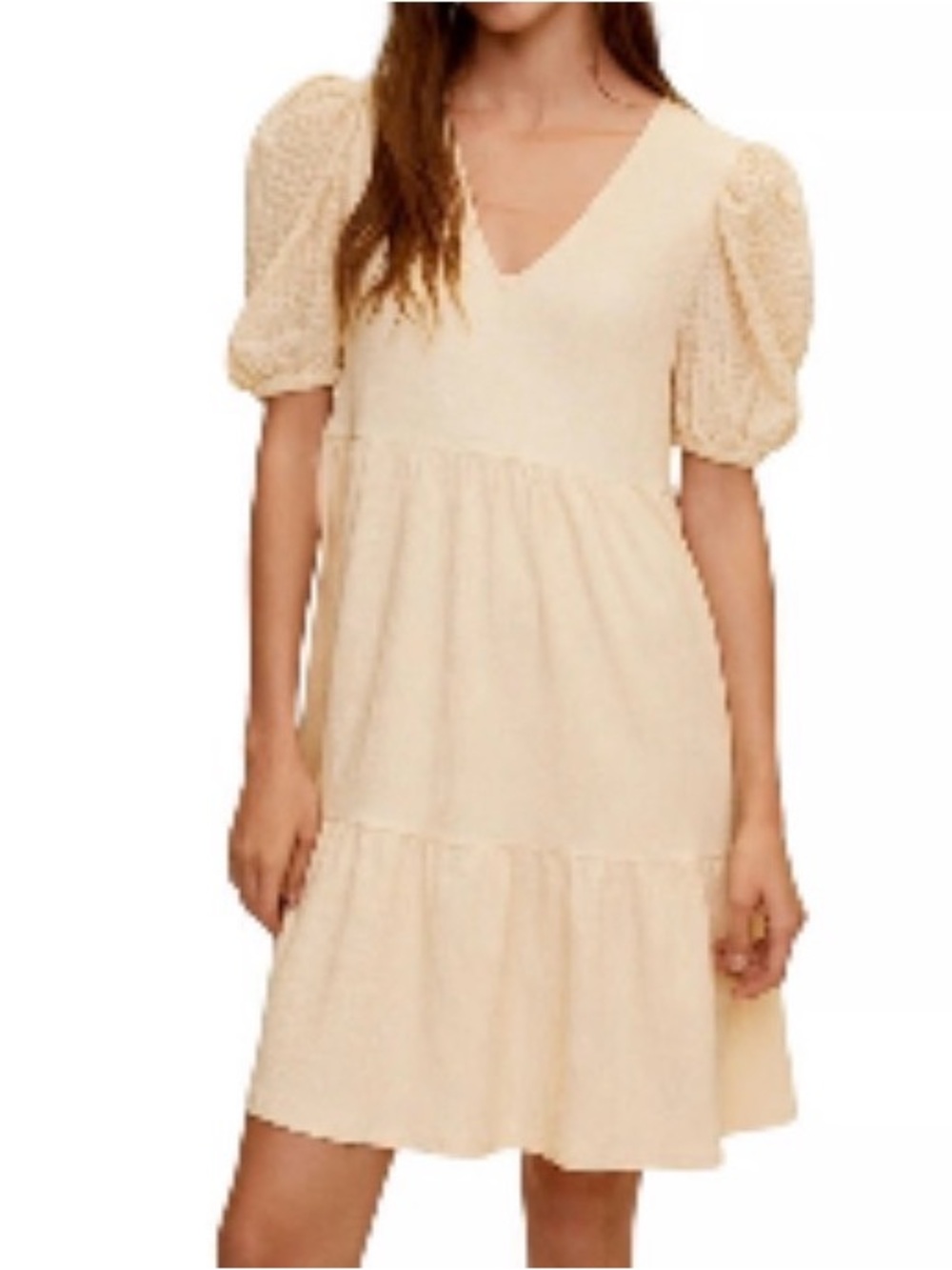 Mango MNG Puff Sleeve Dress Size 6 Cream NEW With Tags